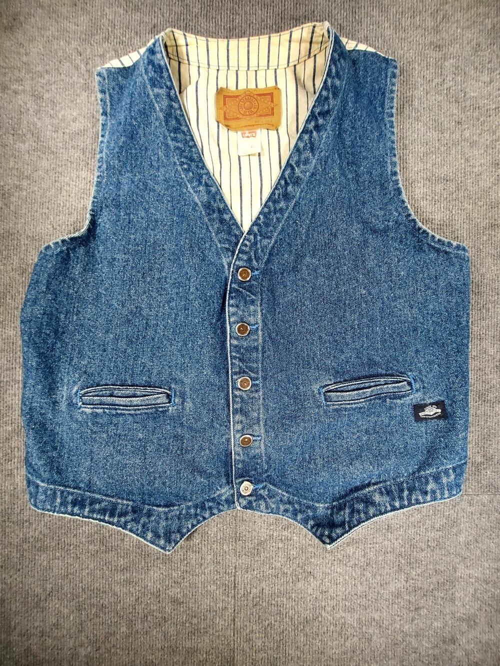 Vintage 1989 Levi's Denim Vest Lined Hickory Stripe XL Made USA 60609-4817 80s